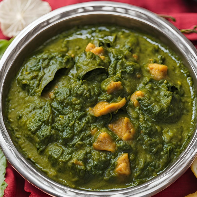 Close-up of a silver bowl filled with vibrant green Palak Paneer, featuring cubes of paneer cheese.